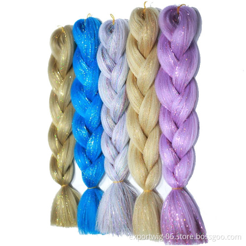 Jumbo Braiding Hair With Hair Tinsel Bling Synthetic Braid Hair Extension Mix Shining Tinsle 24 Inch Solid Color Black Blonde